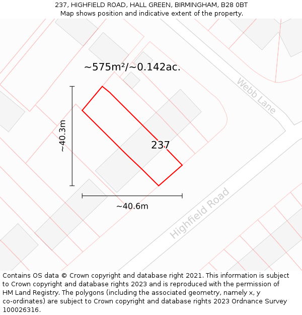 237, HIGHFIELD ROAD, HALL GREEN, BIRMINGHAM, B28 0BT: Plot and title map