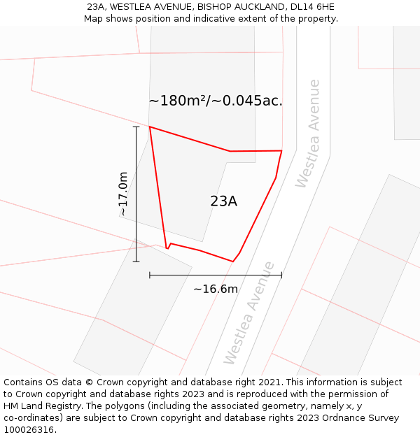 23A, WESTLEA AVENUE, BISHOP AUCKLAND, DL14 6HE: Plot and title map