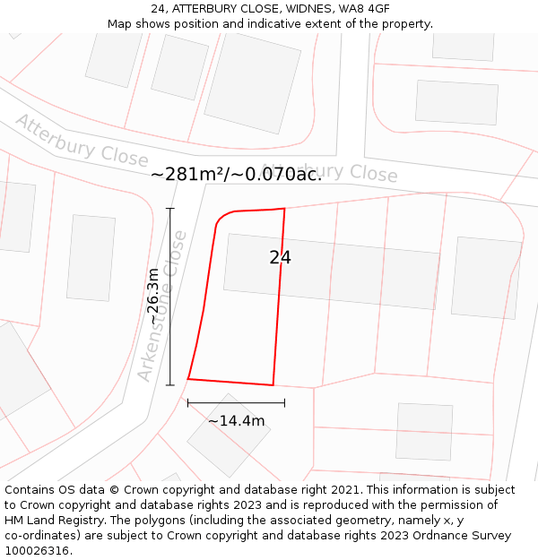 24, ATTERBURY CLOSE, WIDNES, WA8 4GF: Plot and title map