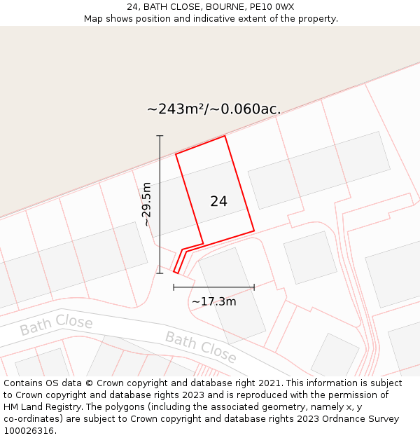 24, BATH CLOSE, BOURNE, PE10 0WX: Plot and title map