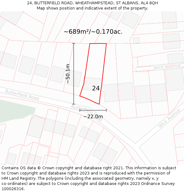 24, BUTTERFIELD ROAD, WHEATHAMPSTEAD, ST ALBANS, AL4 8QH: Plot and title map