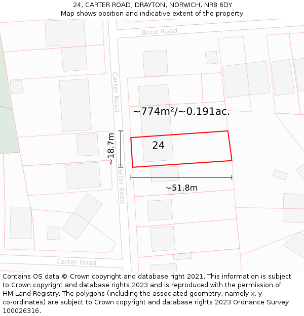 24, CARTER ROAD, DRAYTON, NORWICH, NR8 6DY: Plot and title map