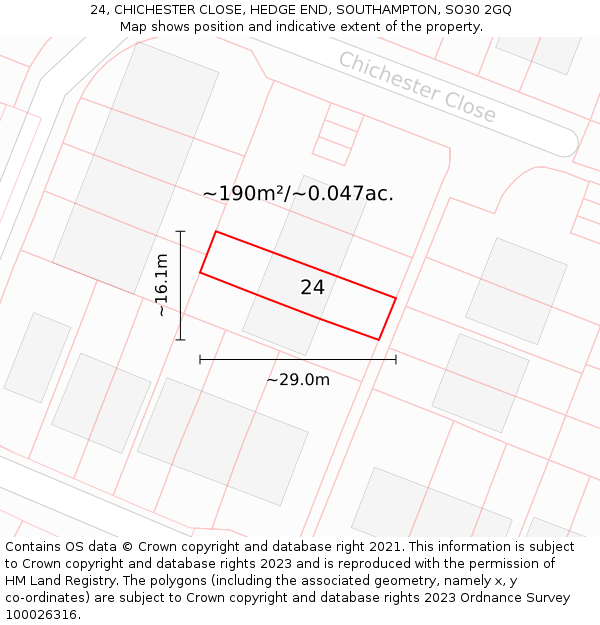 24, CHICHESTER CLOSE, HEDGE END, SOUTHAMPTON, SO30 2GQ: Plot and title map