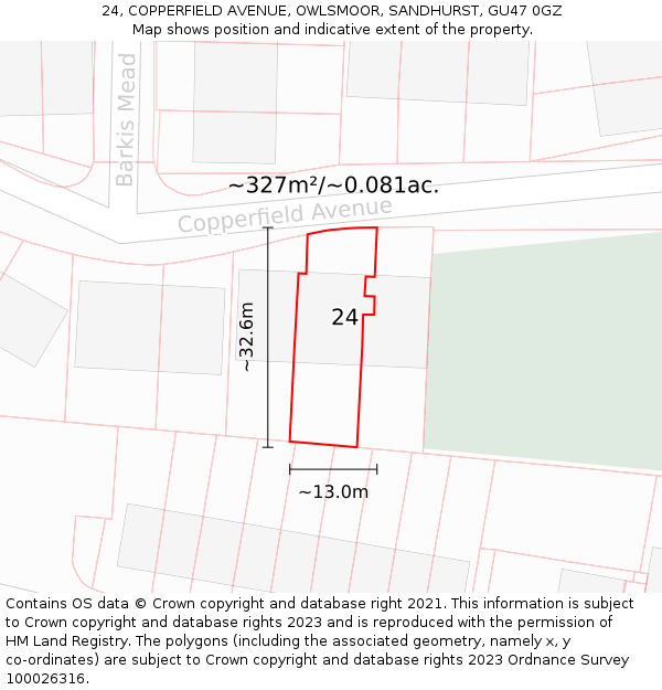 24, COPPERFIELD AVENUE, OWLSMOOR, SANDHURST, GU47 0GZ: Plot and title map