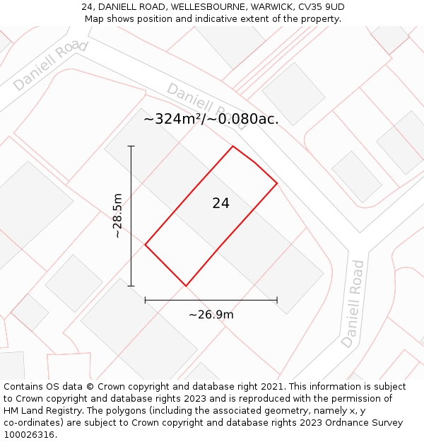 24, DANIELL ROAD, WELLESBOURNE, WARWICK, CV35 9UD: Plot and title map