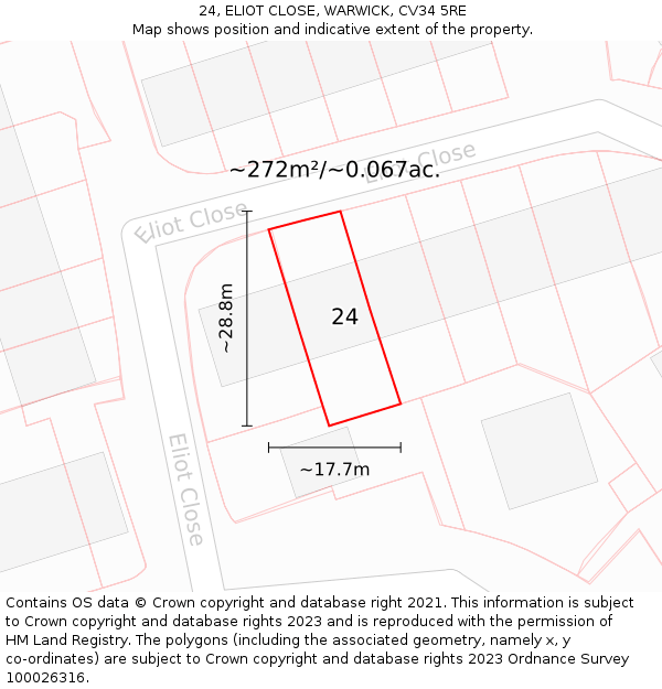 24, ELIOT CLOSE, WARWICK, CV34 5RE: Plot and title map