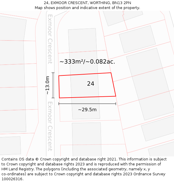 24, EXMOOR CRESCENT, WORTHING, BN13 2PN: Plot and title map