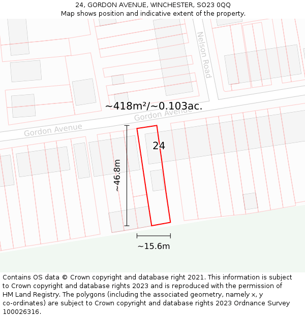 24, GORDON AVENUE, WINCHESTER, SO23 0QQ: Plot and title map