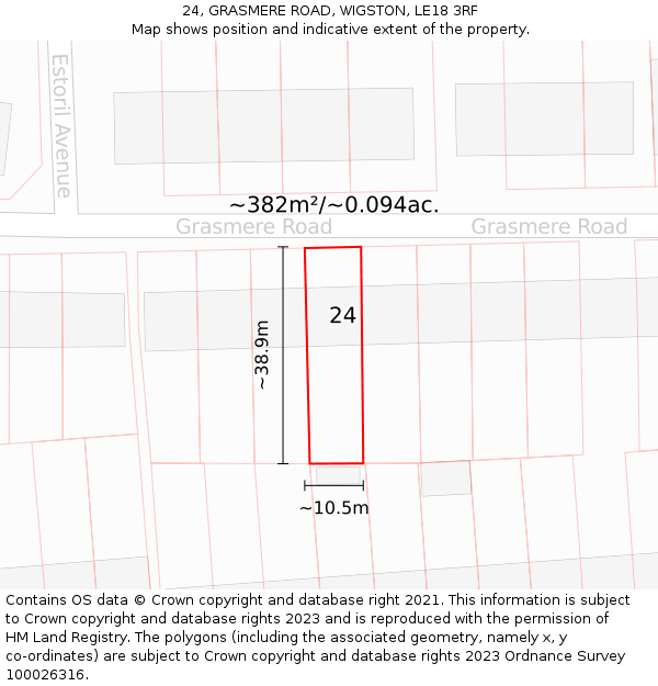 24, GRASMERE ROAD, WIGSTON, LE18 3RF: Plot and title map