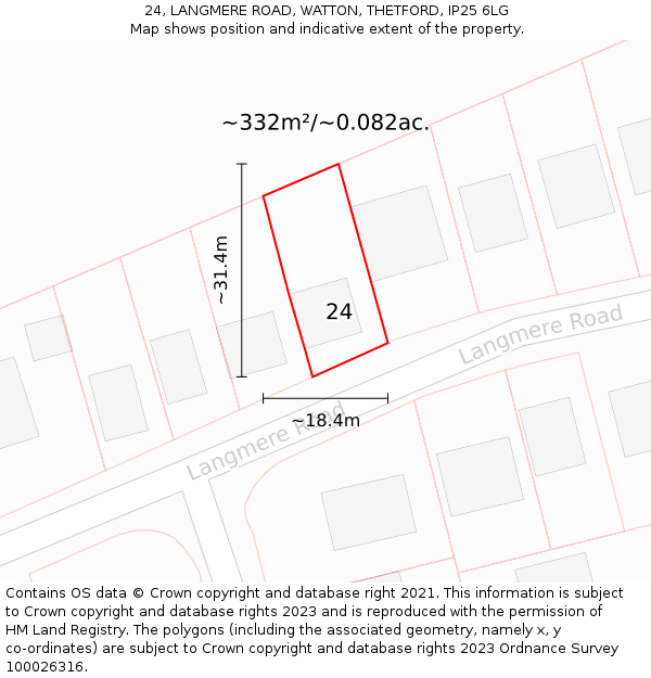 24, LANGMERE ROAD, WATTON, THETFORD, IP25 6LG: Plot and title map