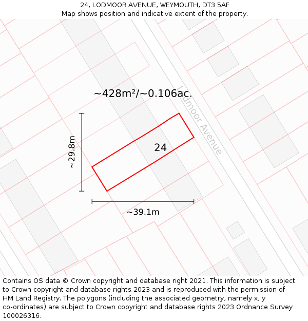 24, LODMOOR AVENUE, WEYMOUTH, DT3 5AF: Plot and title map
