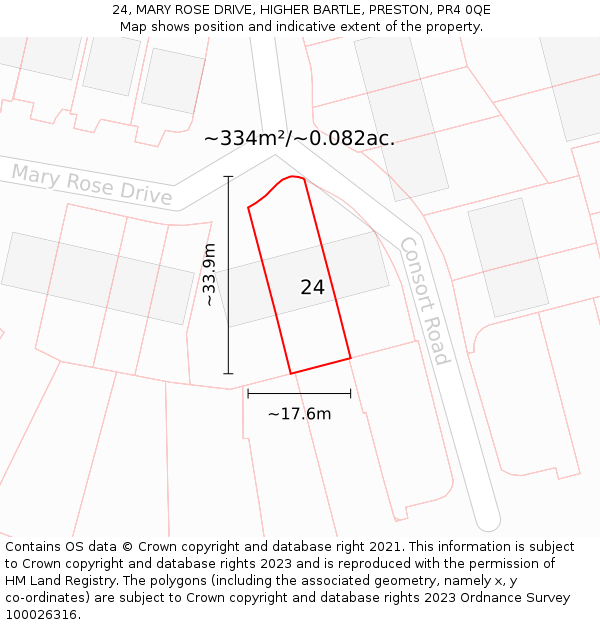 24, MARY ROSE DRIVE, HIGHER BARTLE, PRESTON, PR4 0QE: Plot and title map