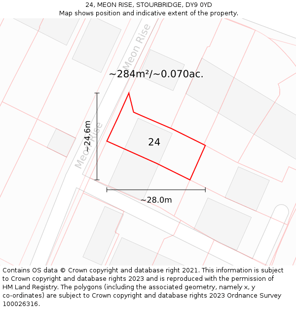 24, MEON RISE, STOURBRIDGE, DY9 0YD: Plot and title map