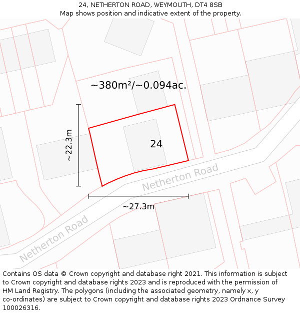 24, NETHERTON ROAD, WEYMOUTH, DT4 8SB: Plot and title map