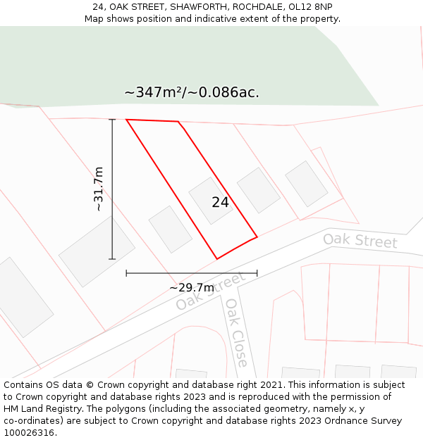 24, OAK STREET, SHAWFORTH, ROCHDALE, OL12 8NP: Plot and title map