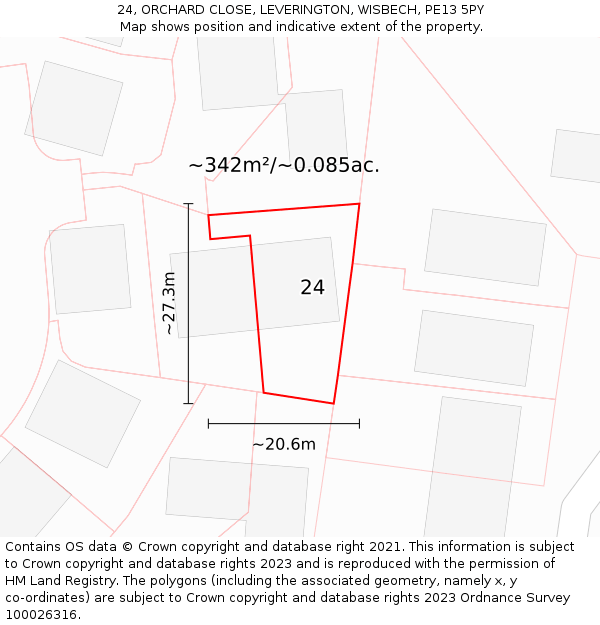 24, ORCHARD CLOSE, LEVERINGTON, WISBECH, PE13 5PY: Plot and title map