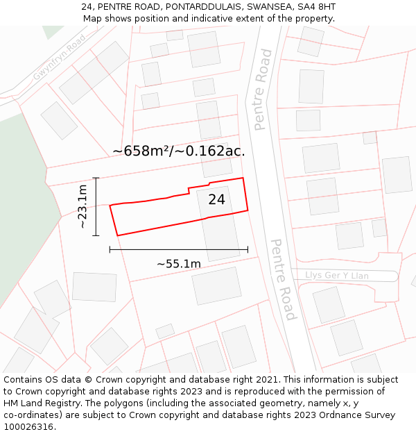 24, PENTRE ROAD, PONTARDDULAIS, SWANSEA, SA4 8HT: Plot and title map