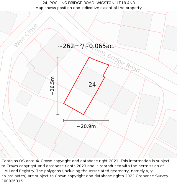 24, POCHINS BRIDGE ROAD, WIGSTON, LE18 4NR: Plot and title map