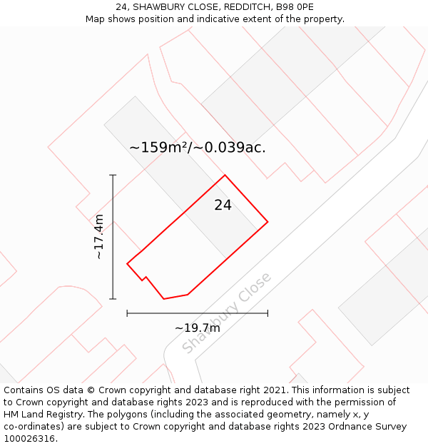 24, SHAWBURY CLOSE, REDDITCH, B98 0PE: Plot and title map