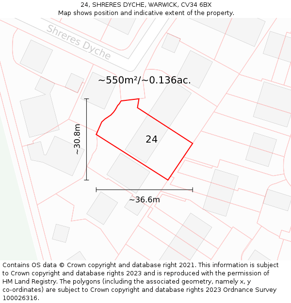 24, SHRERES DYCHE, WARWICK, CV34 6BX: Plot and title map