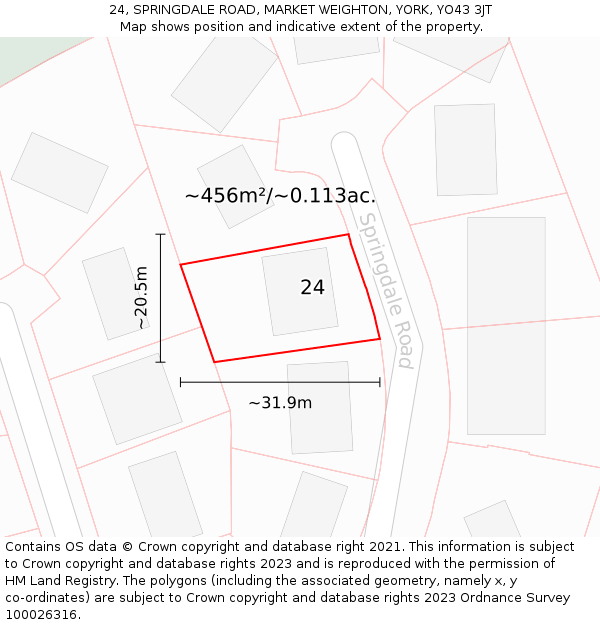 24, SPRINGDALE ROAD, MARKET WEIGHTON, YORK, YO43 3JT: Plot and title map