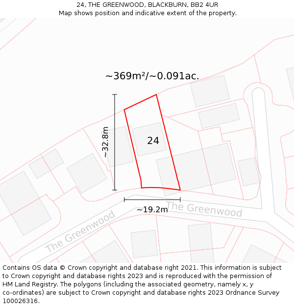 24, THE GREENWOOD, BLACKBURN, BB2 4UR: Plot and title map