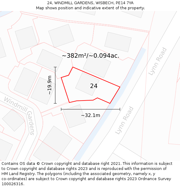 24, WINDMILL GARDENS, WISBECH, PE14 7YA: Plot and title map