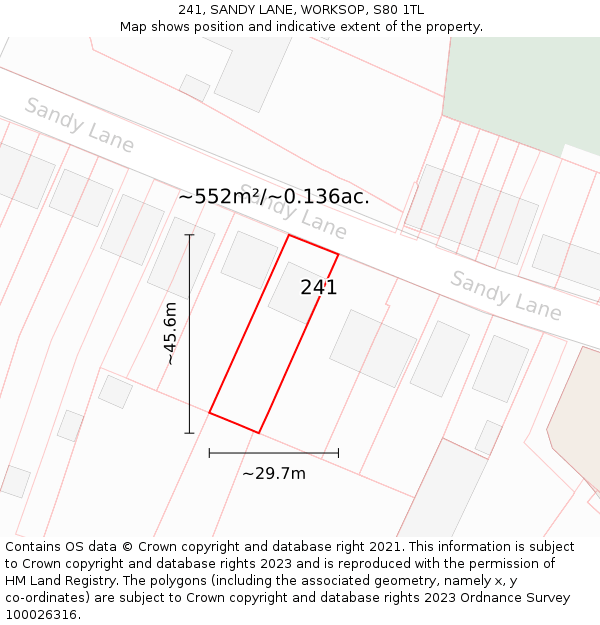 241, SANDY LANE, WORKSOP, S80 1TL: Plot and title map