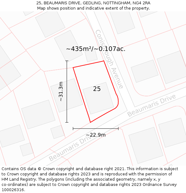 25, BEAUMARIS DRIVE, GEDLING, NOTTINGHAM, NG4 2RA: Plot and title map