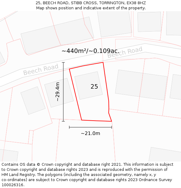 25, BEECH ROAD, STIBB CROSS, TORRINGTON, EX38 8HZ: Plot and title map