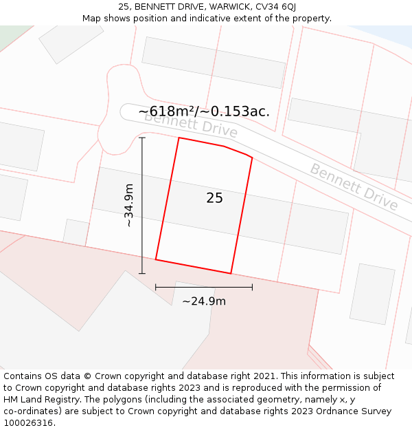 25, BENNETT DRIVE, WARWICK, CV34 6QJ: Plot and title map