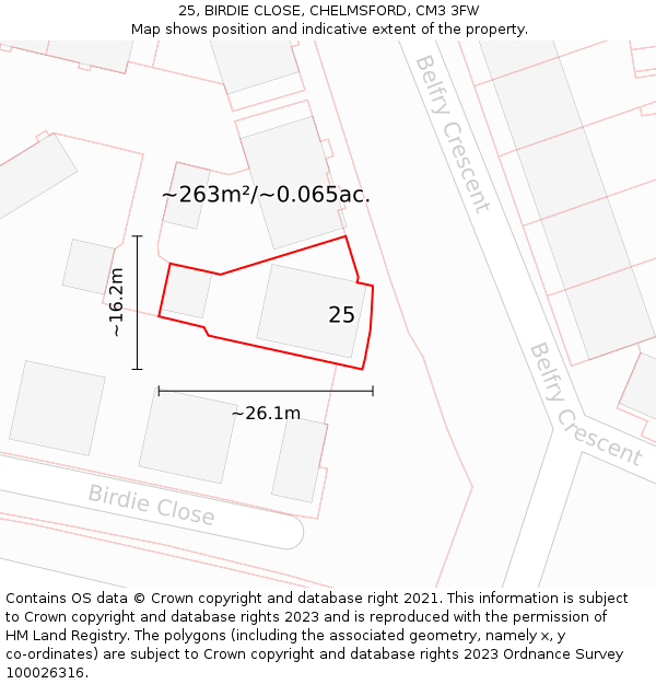 25, BIRDIE CLOSE, CHELMSFORD, CM3 3FW: Plot and title map