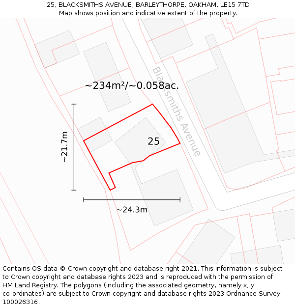 25, BLACKSMITHS AVENUE, BARLEYTHORPE, OAKHAM, LE15 7TD: Plot and title map