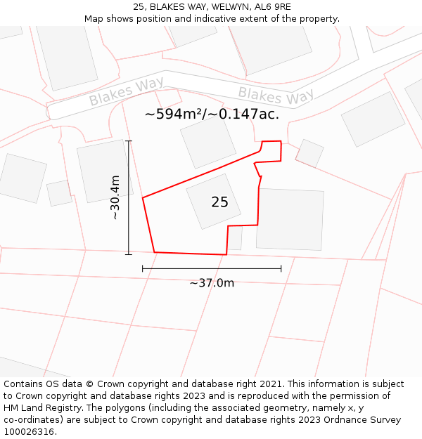 25, BLAKES WAY, WELWYN, AL6 9RE: Plot and title map