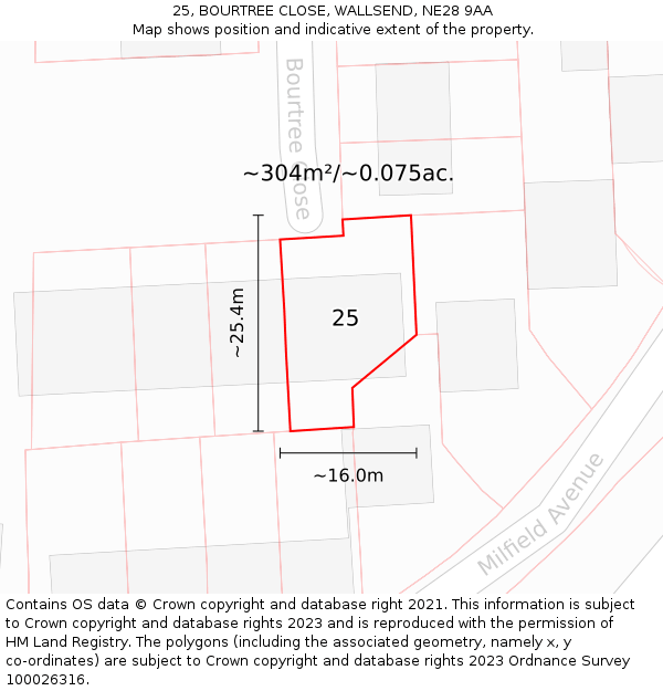 25, BOURTREE CLOSE, WALLSEND, NE28 9AA: Plot and title map
