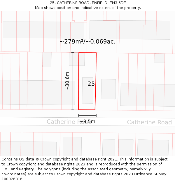 25, CATHERINE ROAD, ENFIELD, EN3 6DE: Plot and title map