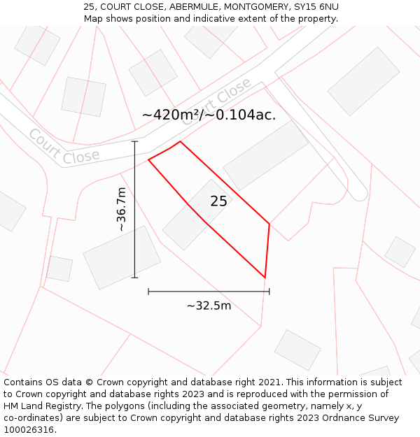 25, COURT CLOSE, ABERMULE, MONTGOMERY, SY15 6NU: Plot and title map