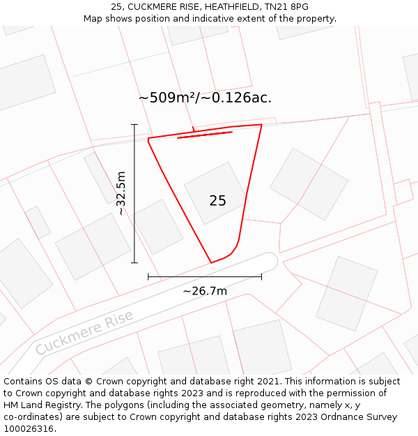 25, CUCKMERE RISE, HEATHFIELD, TN21 8PG: Plot and title map