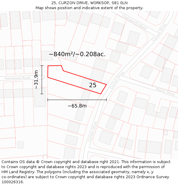 25, CURZON DRIVE, WORKSOP, S81 0LN: Plot and title map