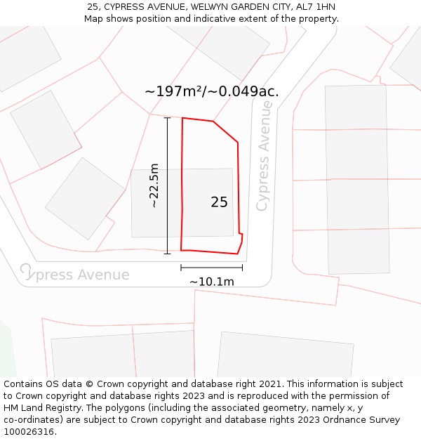 25, CYPRESS AVENUE, WELWYN GARDEN CITY, AL7 1HN: Plot and title map