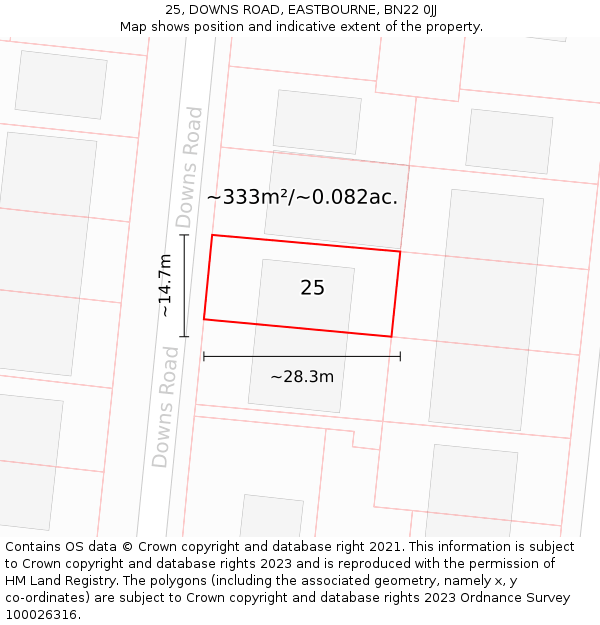 25, DOWNS ROAD, EASTBOURNE, BN22 0JJ: Plot and title map