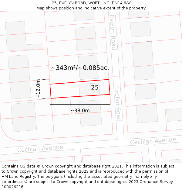 25, EVELYN ROAD, WORTHING, BN14 8AY: Plot and title map