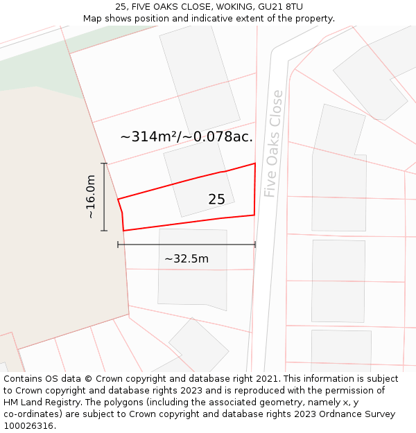 25, FIVE OAKS CLOSE, WOKING, GU21 8TU: Plot and title map