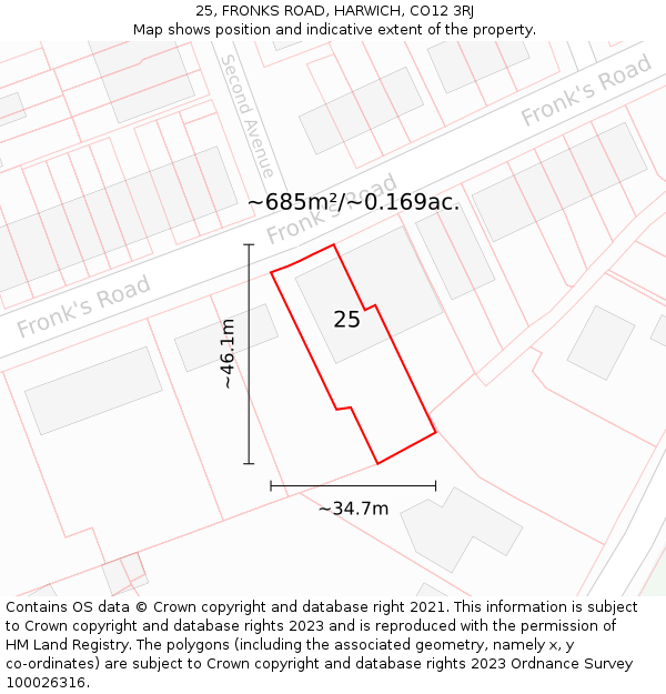 25, FRONKS ROAD, HARWICH, CO12 3RJ: Plot and title map