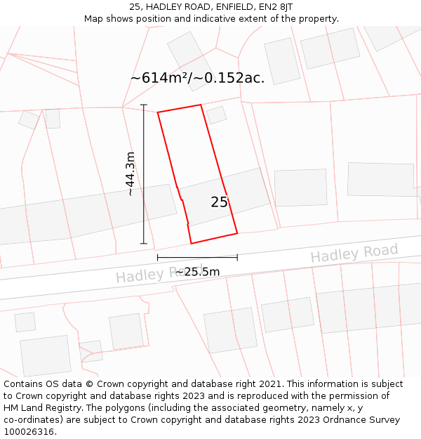 25, HADLEY ROAD, ENFIELD, EN2 8JT: Plot and title map