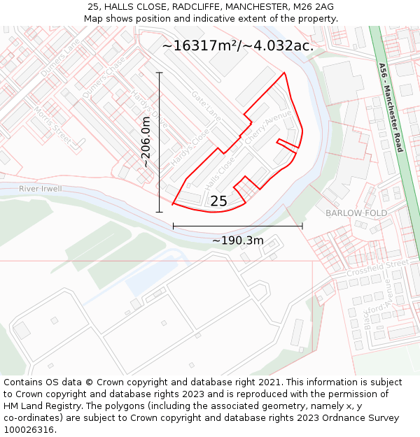 25, HALLS CLOSE, RADCLIFFE, MANCHESTER, M26 2AG: Plot and title map