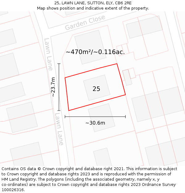 25, LAWN LANE, SUTTON, ELY, CB6 2RE: Plot and title map