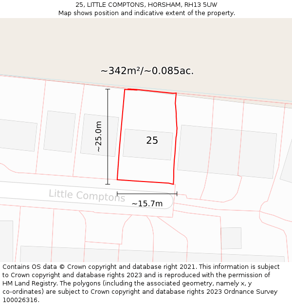 25, LITTLE COMPTONS, HORSHAM, RH13 5UW: Plot and title map