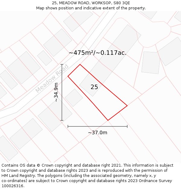 25, MEADOW ROAD, WORKSOP, S80 3QE: Plot and title map