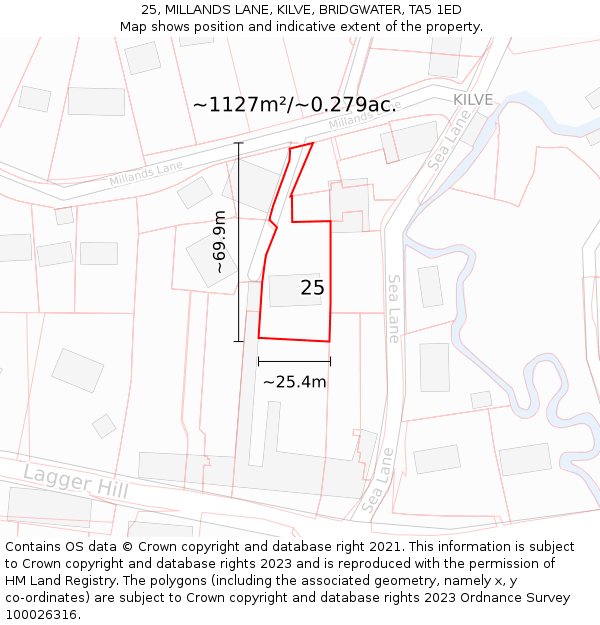 25, MILLANDS LANE, KILVE, BRIDGWATER, TA5 1ED: Plot and title map